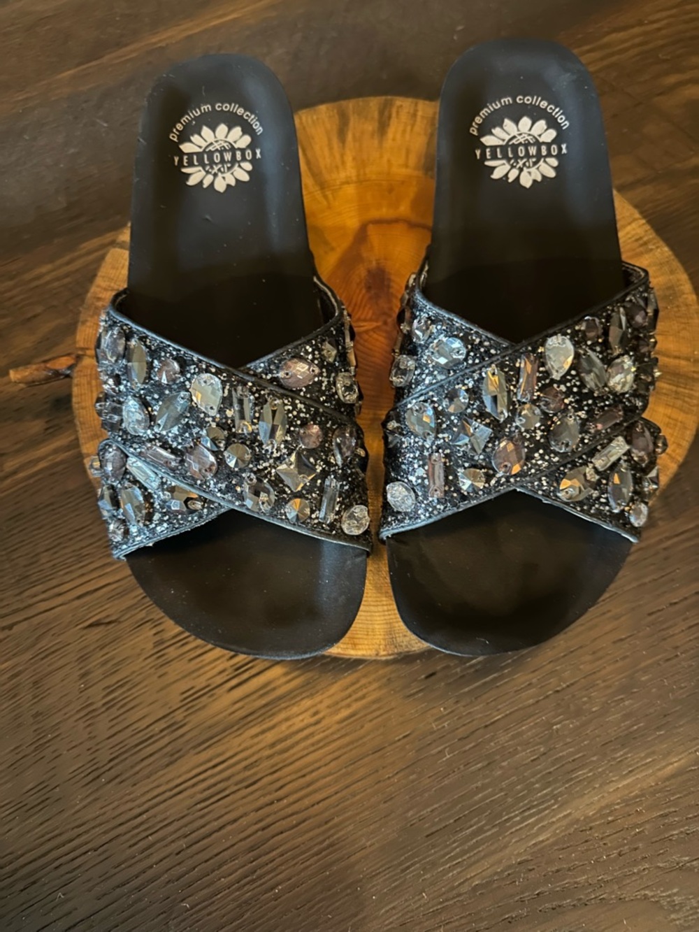 Yellow Box Black Crystal Crossover Slide Sandals